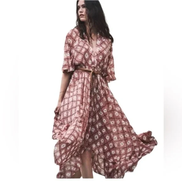 Revolve ALEXIS VENLA PINK MEDALLION HANDKERCHIEF HEM MIDI BOHO DRESS S - Picture 3 of 15